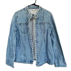 Serengeti Jacket Womens XL Blue Denim Pearl Beaded Open Front Mandarin Collar